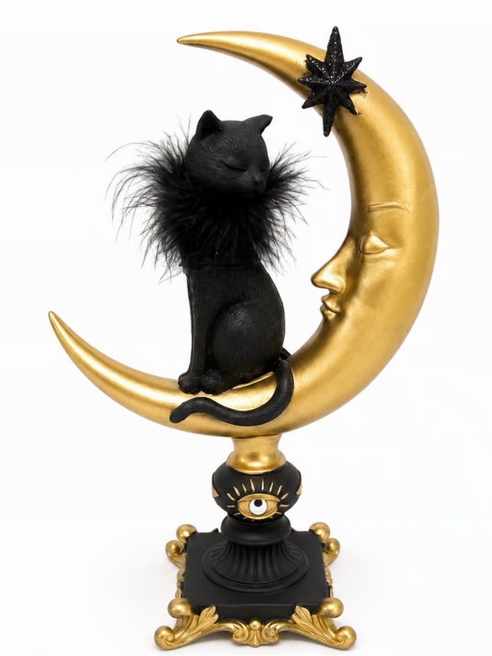 Black Cat On Gold Crescent Moon Halloween Decor Mystical Tarot Goth Witch Spooky
